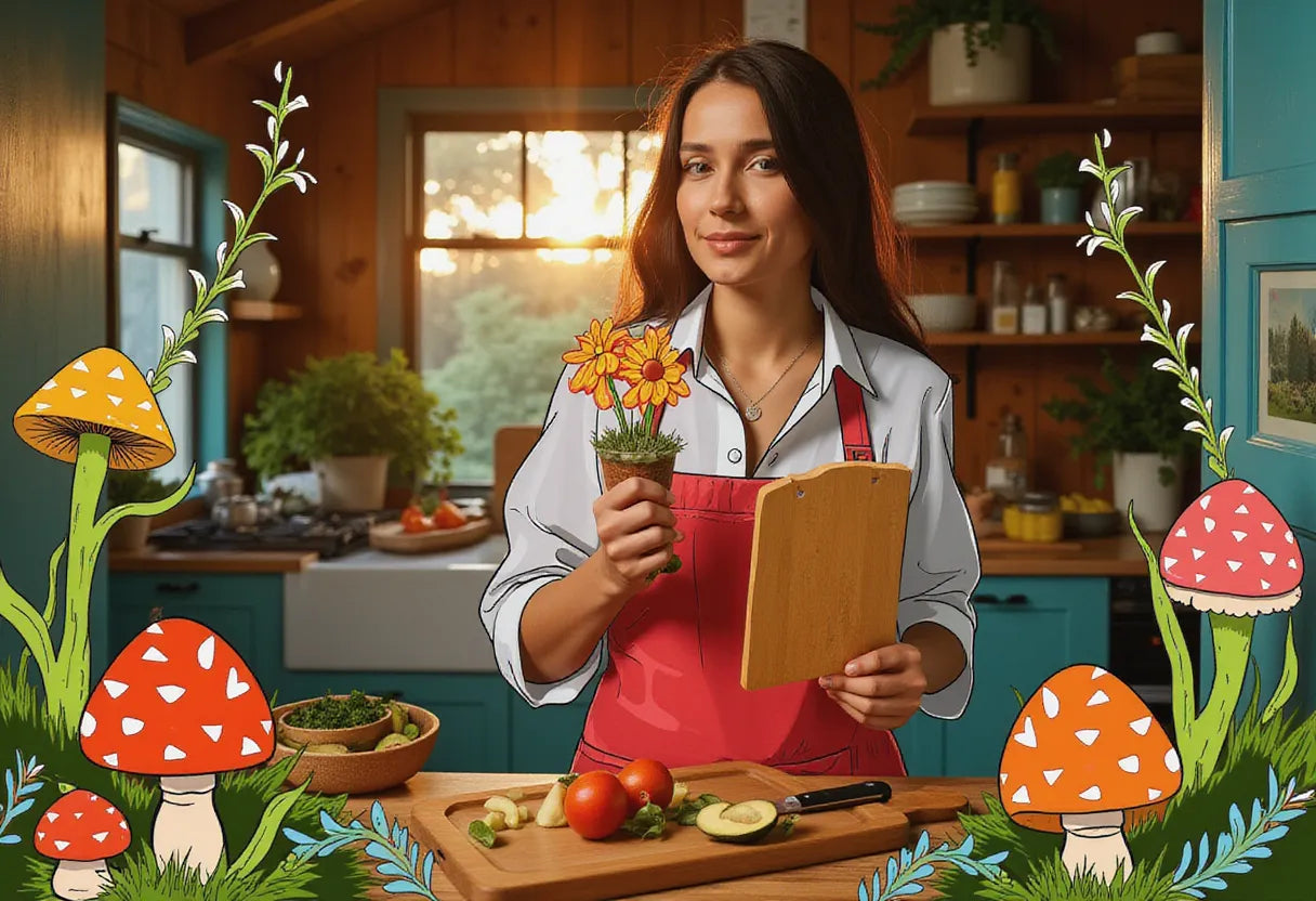 a vibrant chef in a rustic kitchen, proudly holding a freshly foraged Chicken of the Woods mushroom with a wooden cutting board in the background, set against a cozy countryside setting at golden hour