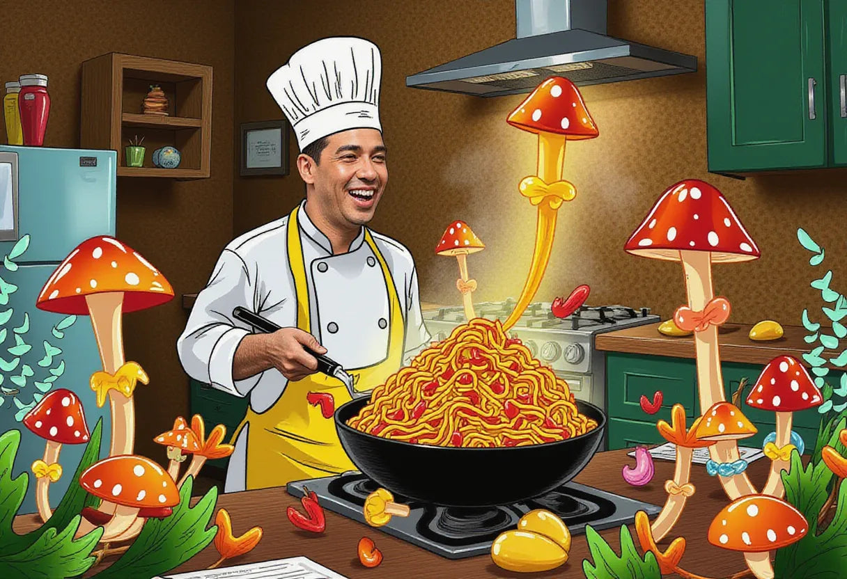 a delighted chef in a cozy kitchen, tossing Lion's Mane mushrooms into a steaming wok of vibrant lo mein noodles