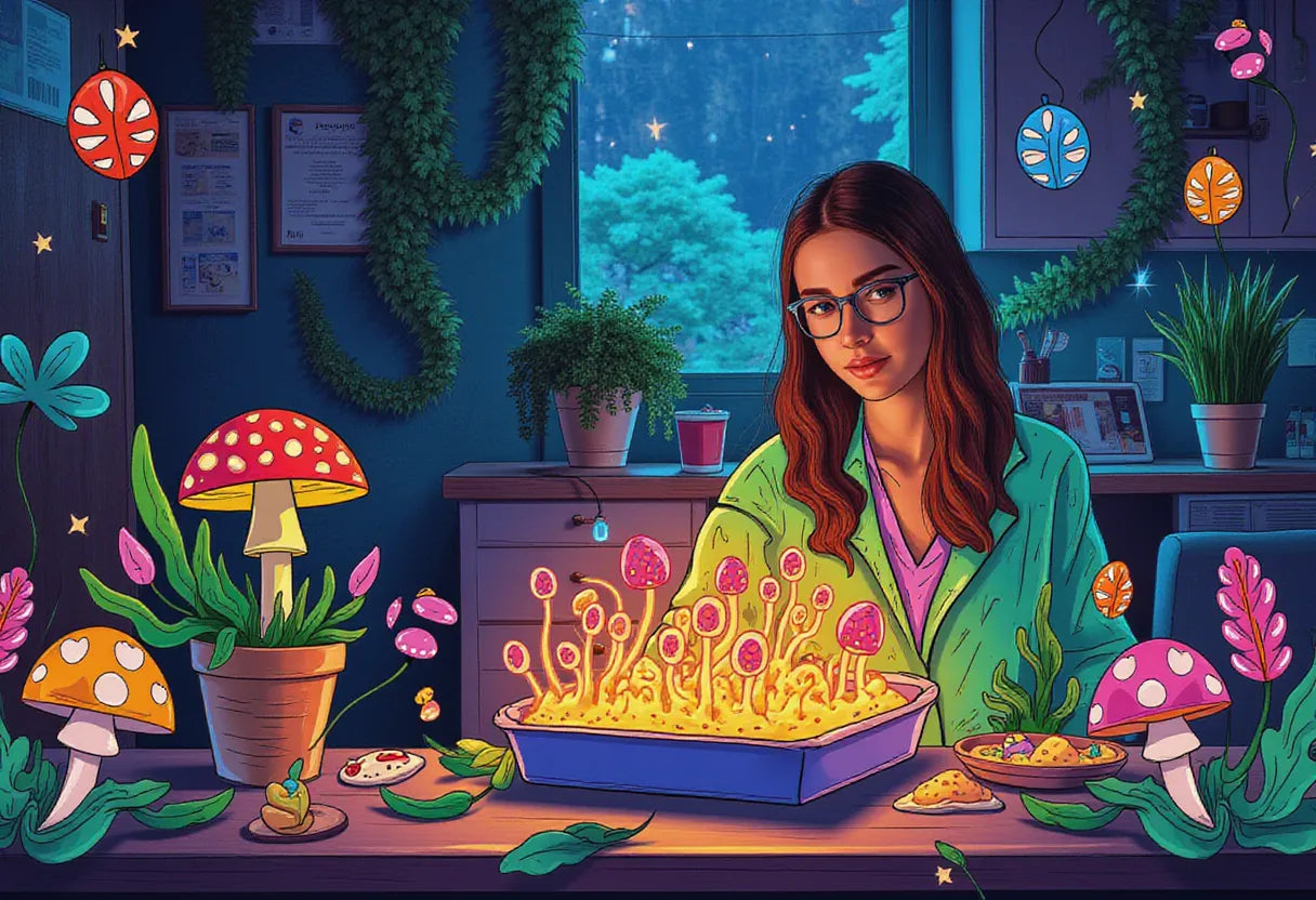 an enthusiastic mycologist in a cozy home lab, examining a vibrant mushroom grow kit with glowing curiosity, set against a lush indoor garden backdrop