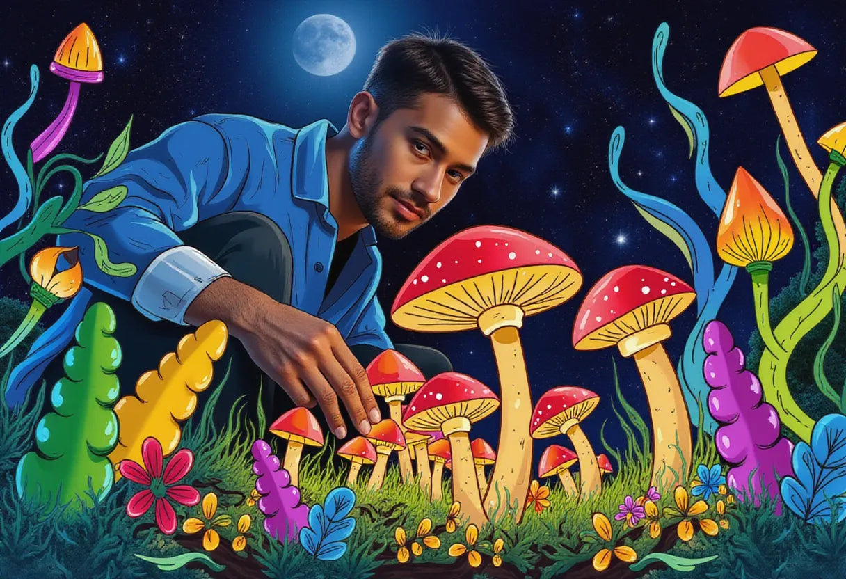 a man tending to olive oysterling (Sarcomyxa serotina) mushrooms in a home grow kit setup