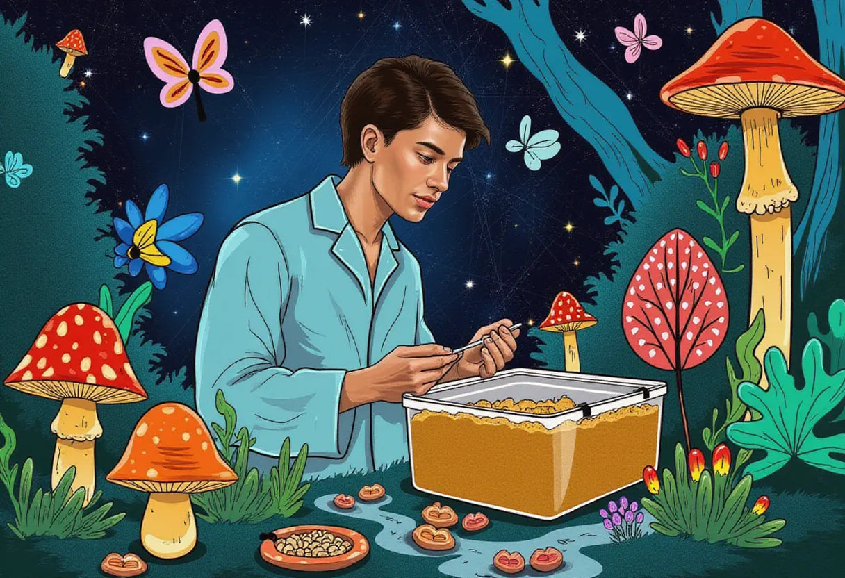 a focused mycologist in a lab setting, carefully setting up a monotub with various mushroom substrates