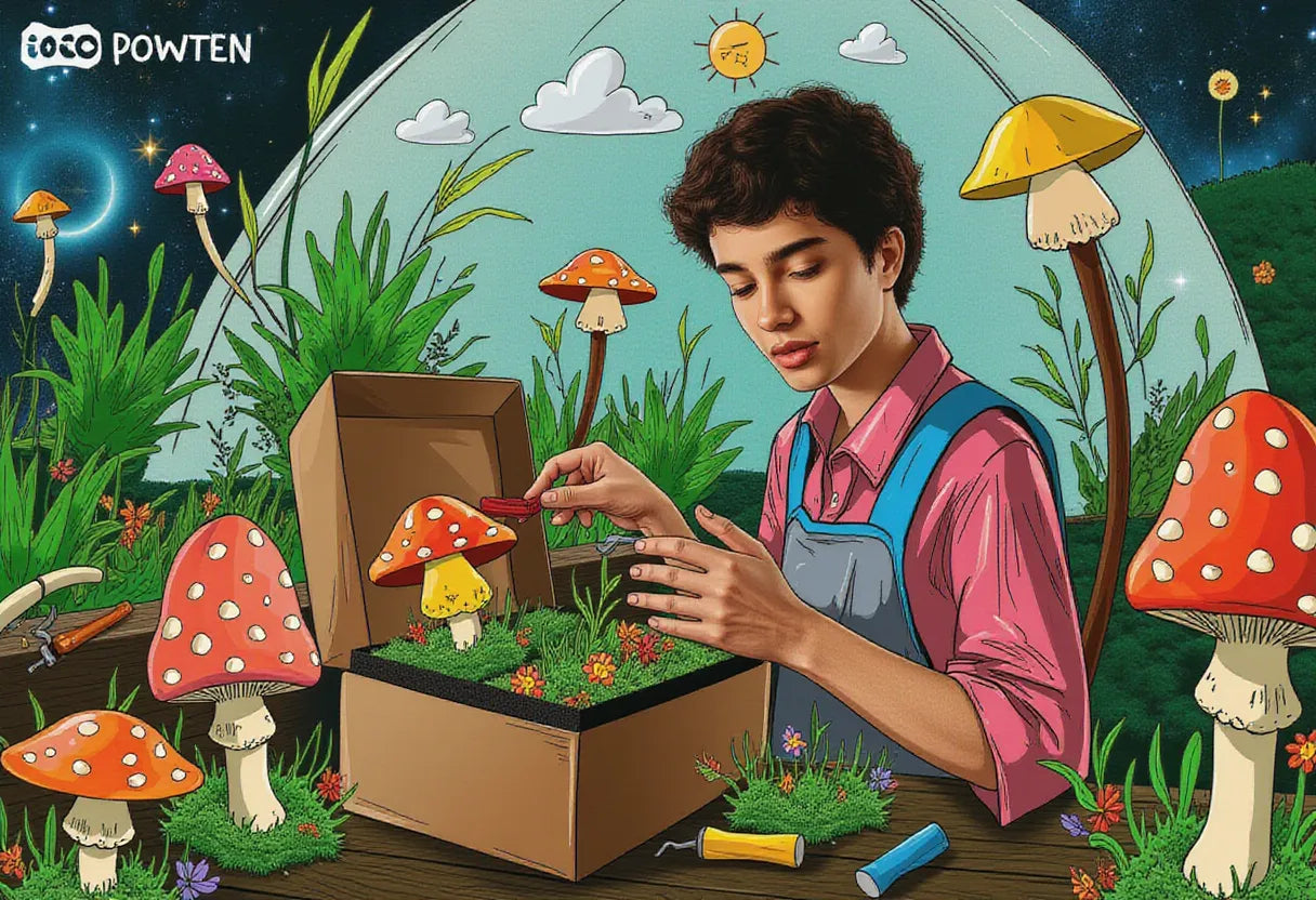 a curious adult gardener in a vibrant greenhouse, inspecting a mushroom grow kit with peat moss and tools nearby, set against a lush indoor cultivation space