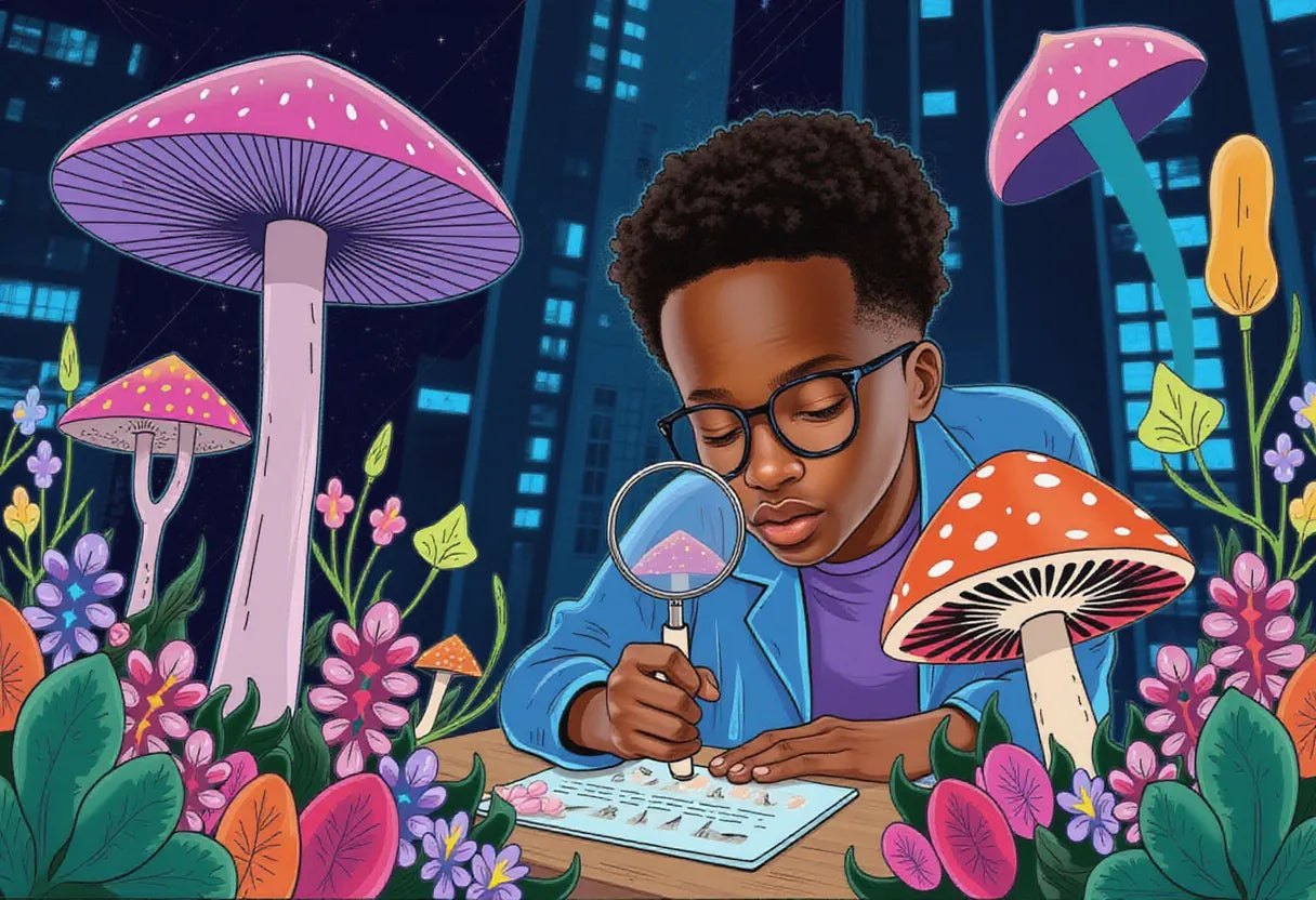 a curious young adult in a modern home lab, examining a magic mushroom grow kit with a magnifying glass
