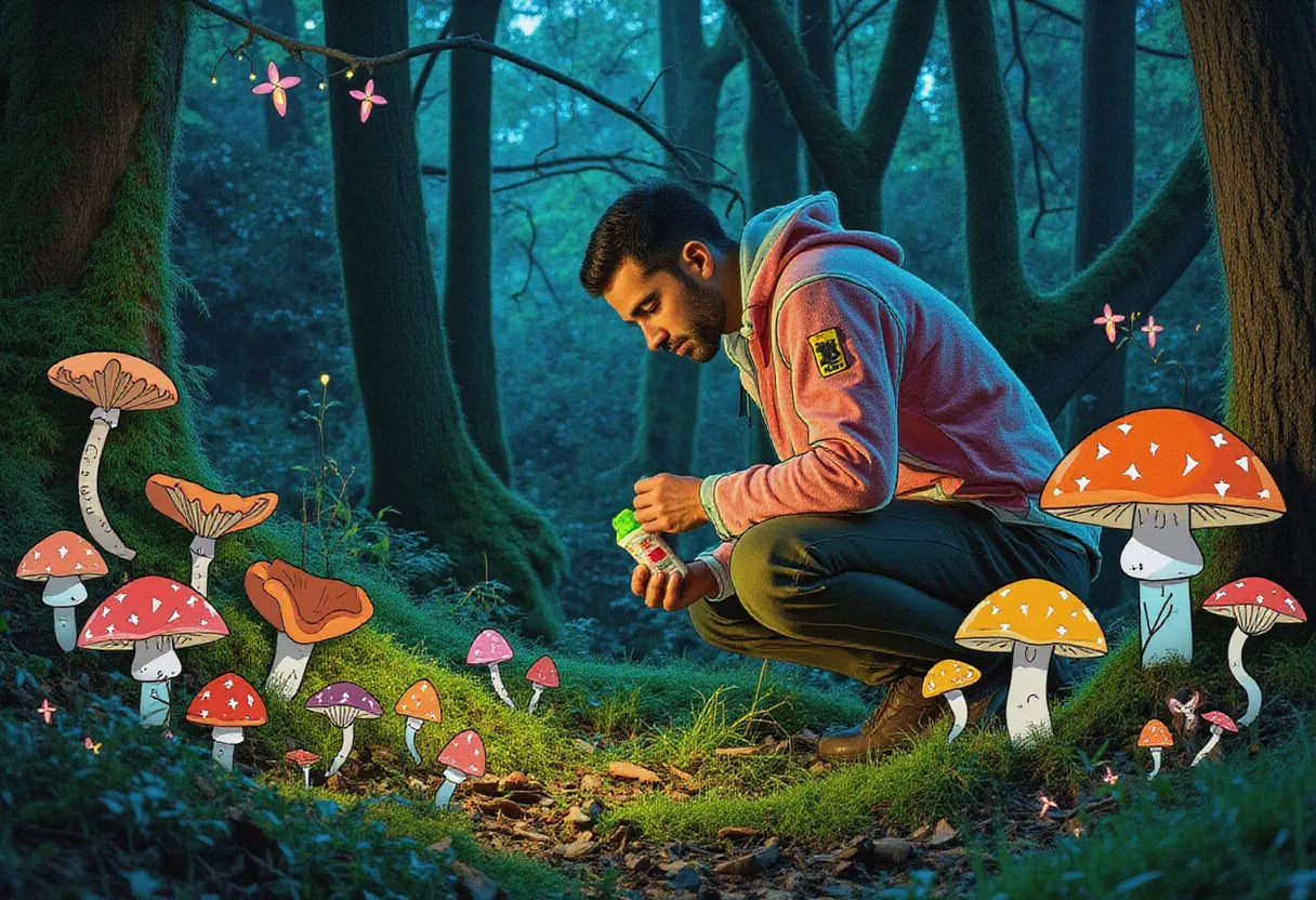 a man in forager clothing harvesting Hydnum repandum in a dense forest