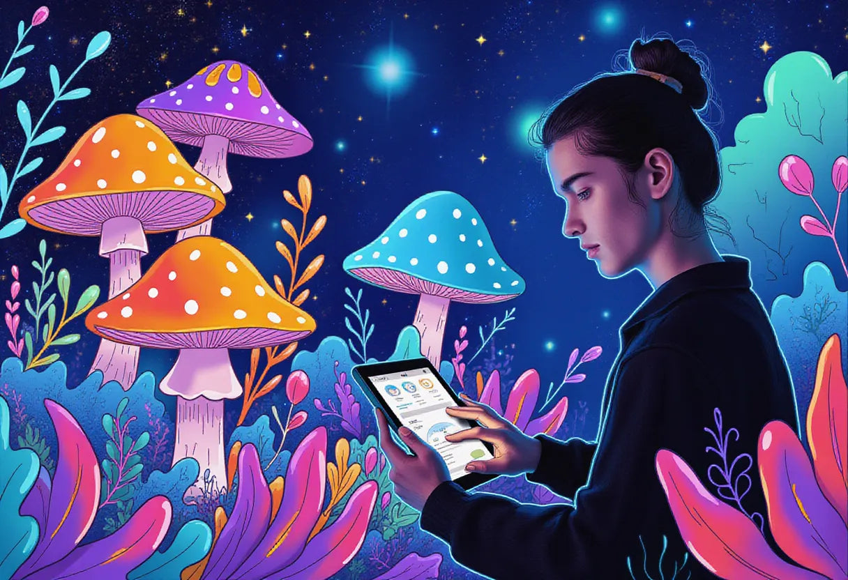 an innovative young adult in a high-tech mushroom cultivation lab, interacting with an AI-powered grow kit interface
