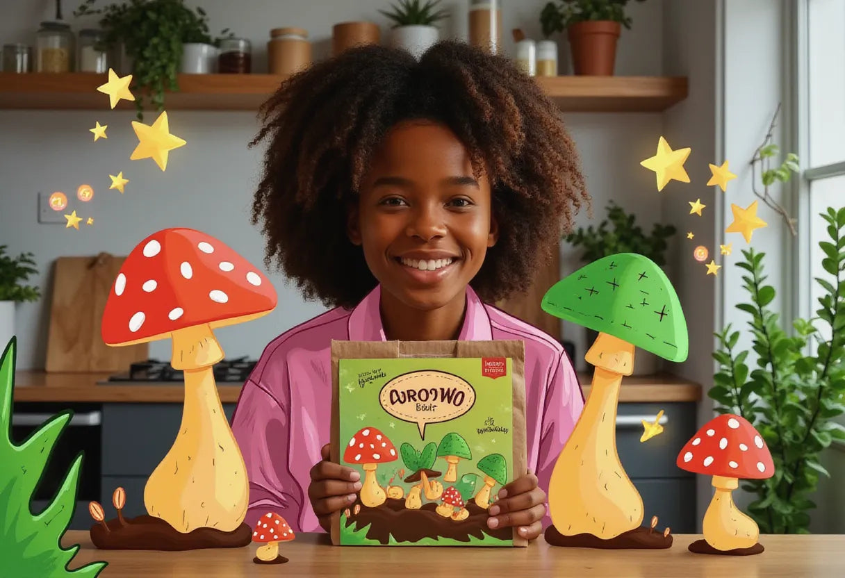 an enthusiastic young adult in a cozy urban kitchen, holding a mushroom grow kit made from coffee grounds with a curious smile