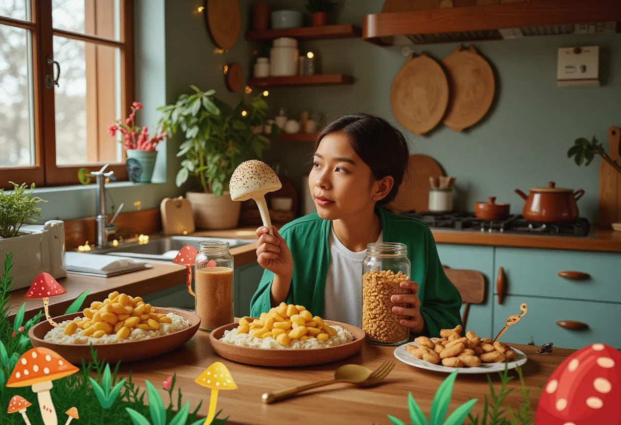 a curious young adult in a cozy kitchen holding a fresh Lion's Mane mushroom in one hand and a jar of dried Lion's Mane in the other, with a warm, natural light setting and rustic wooden table