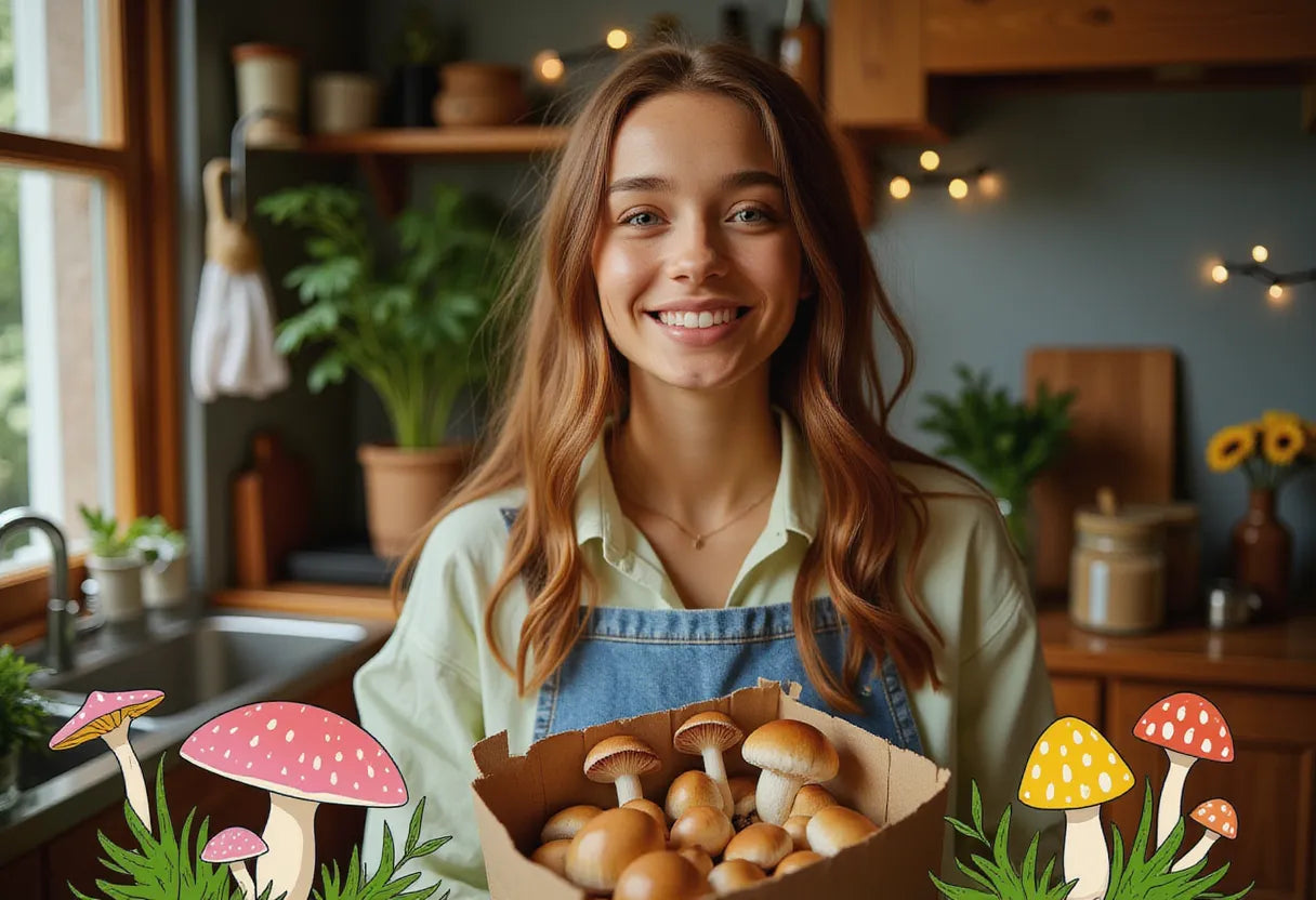 a cheerful young adult in a rustic kitchen, holding a brown paper bag filled with fresh mushrooms with a satisfied grin
