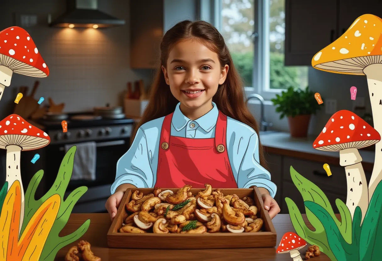 a joyful young chef in a cozy kitchen, proudly presenting a rustic wooden tray of roasted mushroom medley with caramelized onions