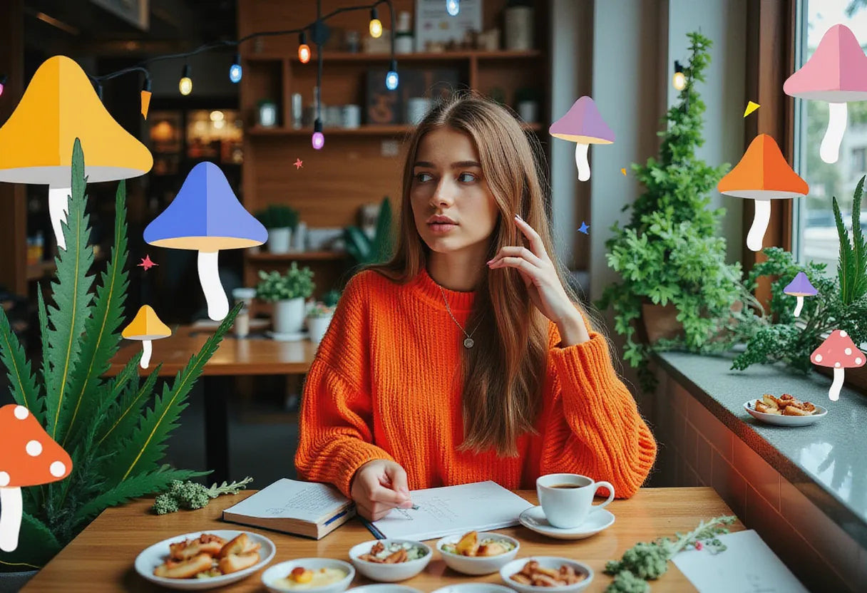 a contemplative young woman sitting at a cozy cafe table with a notebook and a cup of tea, surrounded by scattered cannabis leaves and colorful snacks, captured in soft natural light