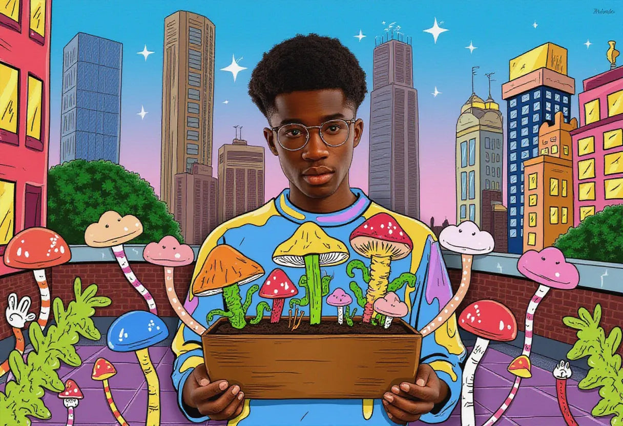a contemplative young adult in a vibrant urban rooftop setting, holding a psychedelic mushroom grow kit with a thoughtful gaze