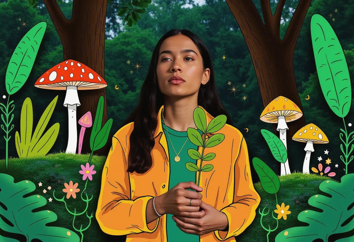 a thoughtful Indigenous person in a lush jungle setting, holding coca leaves with a serene expression