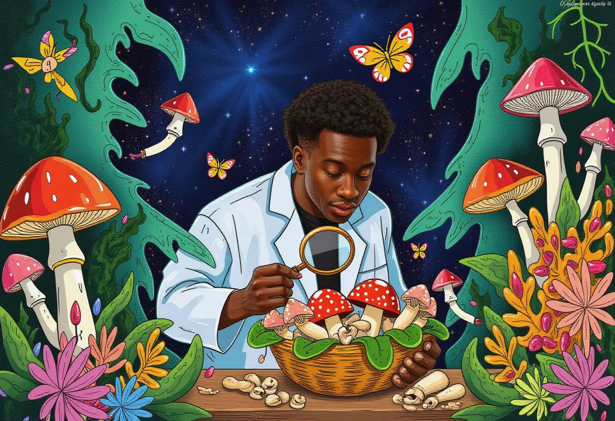 a curious mycologist in a vibrant home lab, examining a basket of fresh mushrooms with a magnifying glass