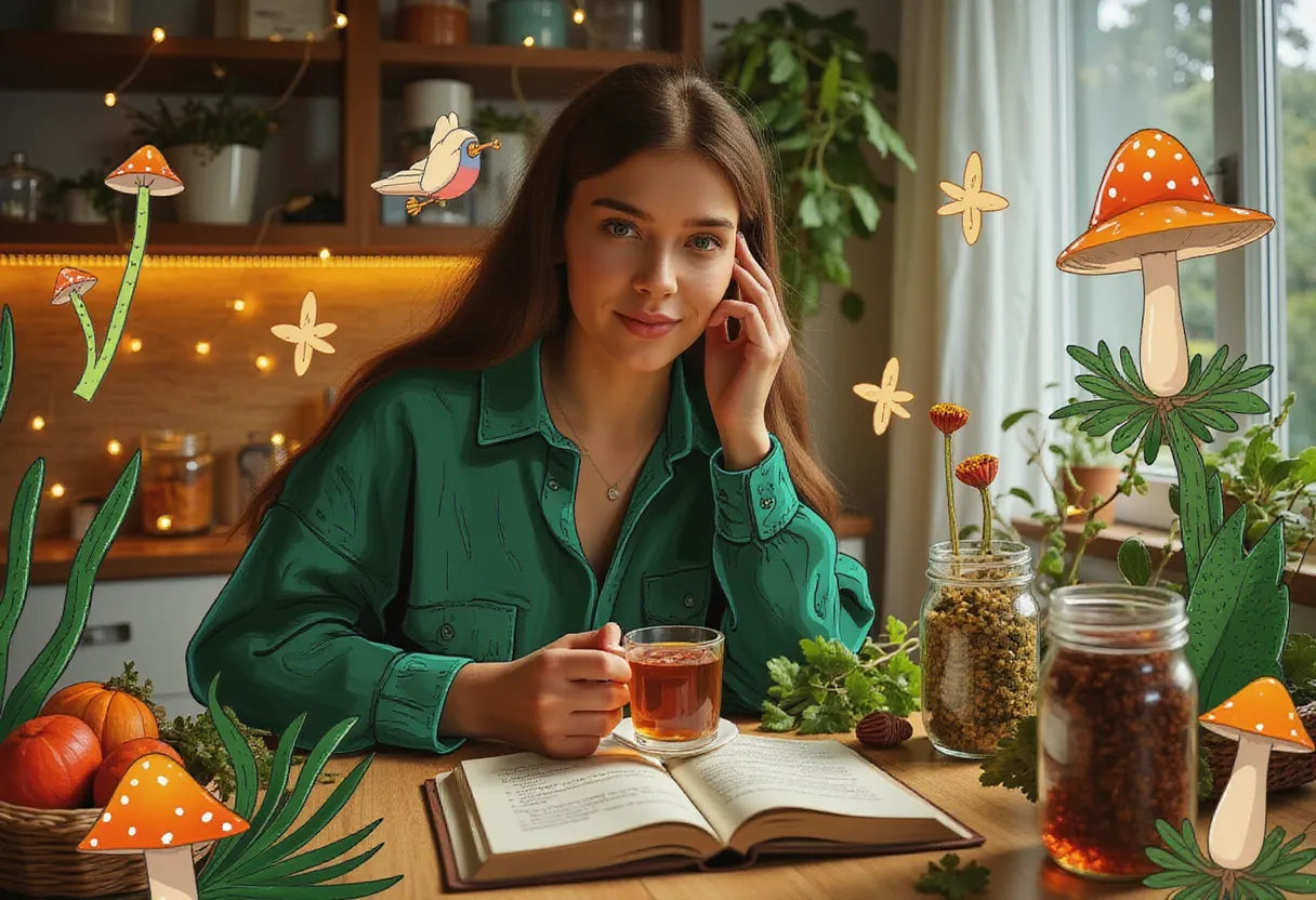 a thoughtful young adult in a serene home kitchen, preparing a tea infusion with dried turkey tail mushrooms, surrounded by jars of herbs and a recipe book under warm ambient light