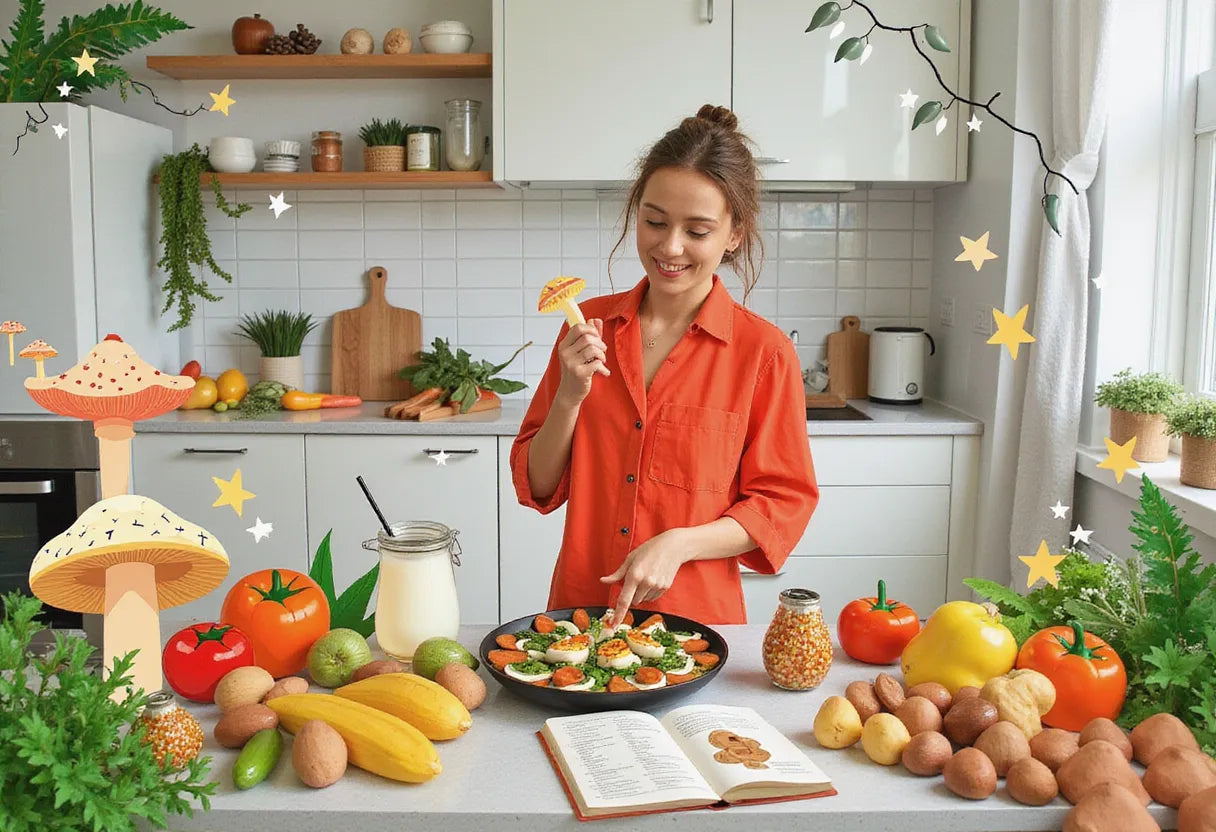 a cheerful home cook in a bright modern kitchen, savoring a dish made with Canadian mushrooms, with fresh produce and a recipe book on the counter