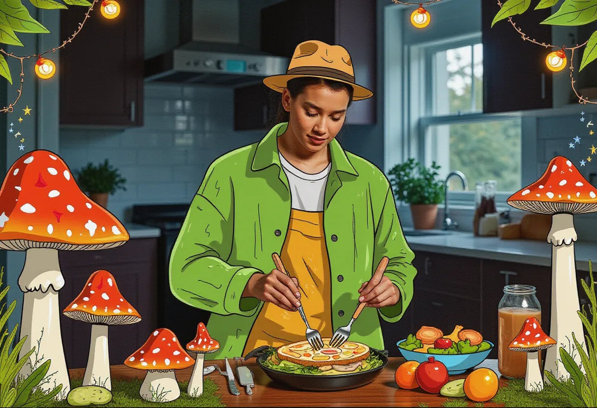 a health-conscious individual preparing a mushroom-based meal in a cozy kitchen