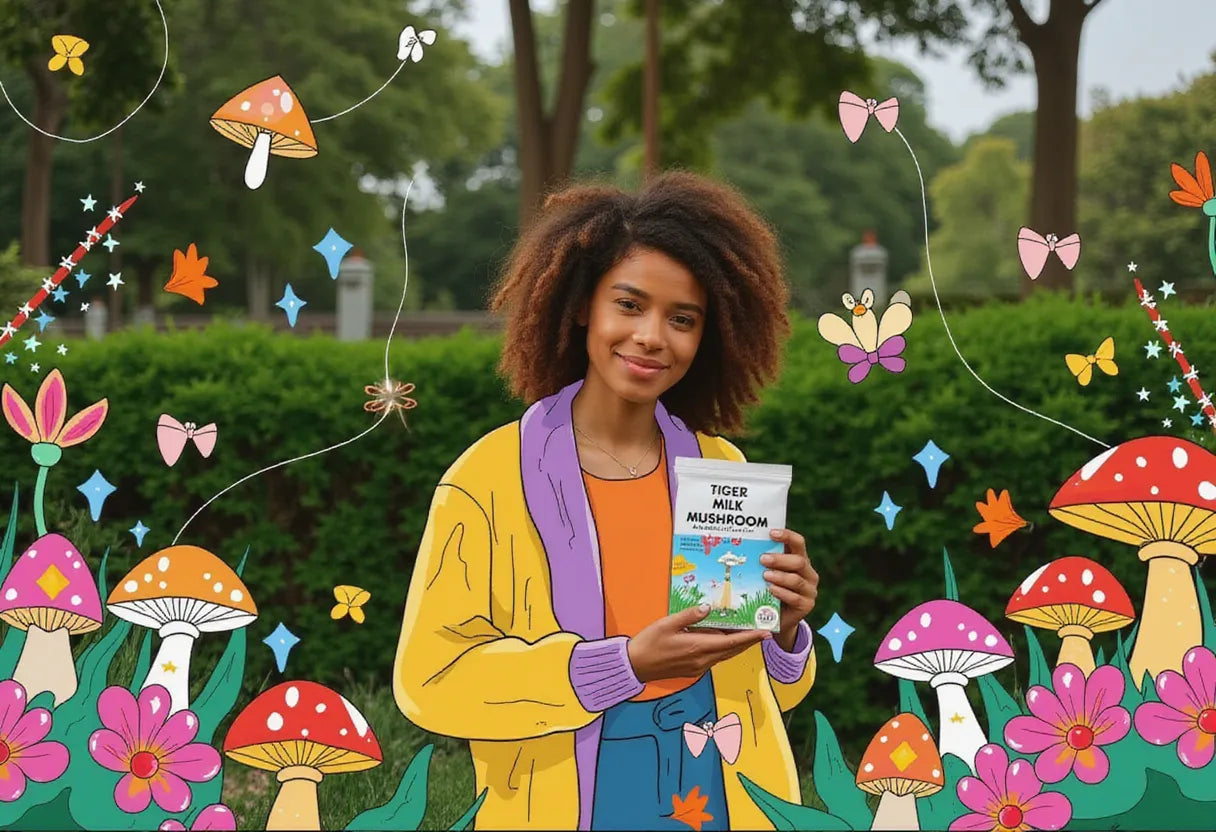 an enthusiastic young adult in a cozy home garden, holding a Tiger Milk Mushroom grow kit with a curious expression
