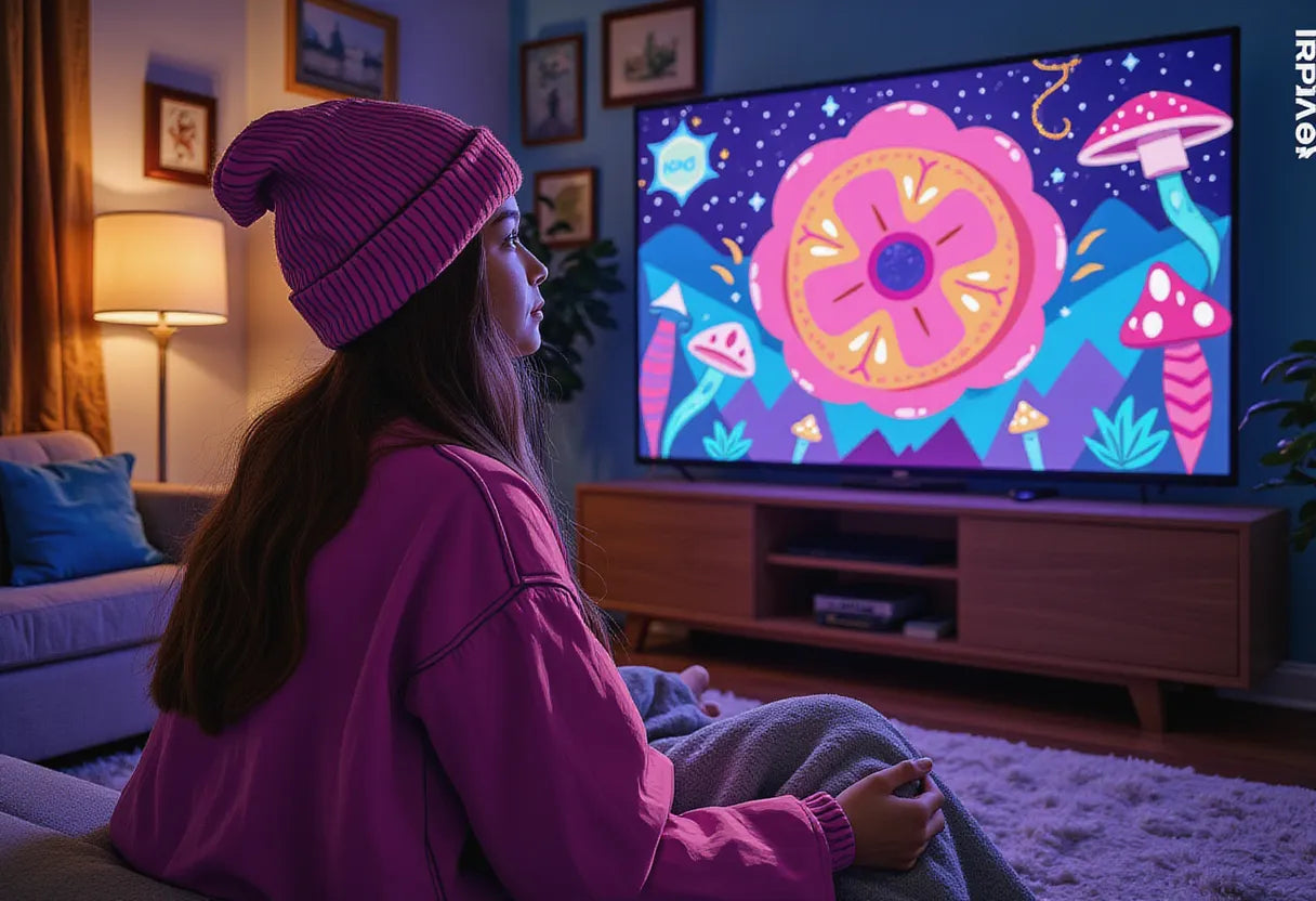 an enthralled young adult in cozy bohemian clothing watching a vibrant, swirling movie screen in a dimly lit living room