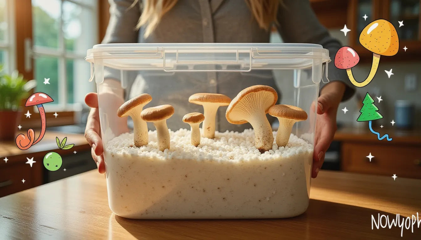 Hero image showcasing the Shoebox Tek mushroom growing method with hands holding a successful grow container