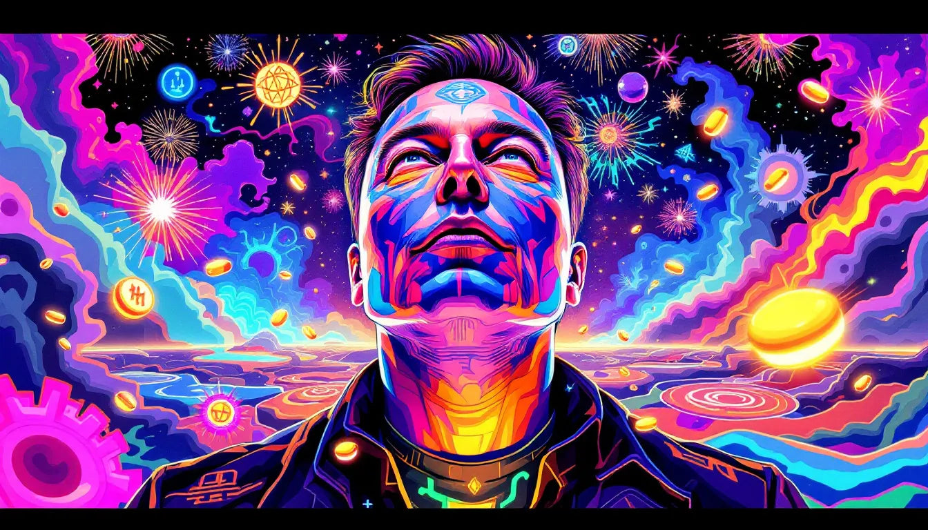 Psychedelic pop-art illustration of Elon Musk with a surreal, trippy background featuring floating ketamine pills and brain synapses, representing the controversy around his ketamine use and leadership.