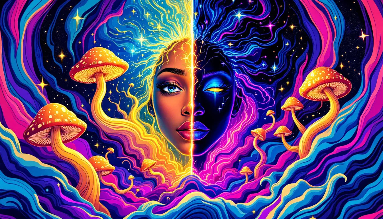 Vibrant psychedelic art of a split-faced figure experiencing different effects of psilocybin, symbolizing racial mental health disparities.