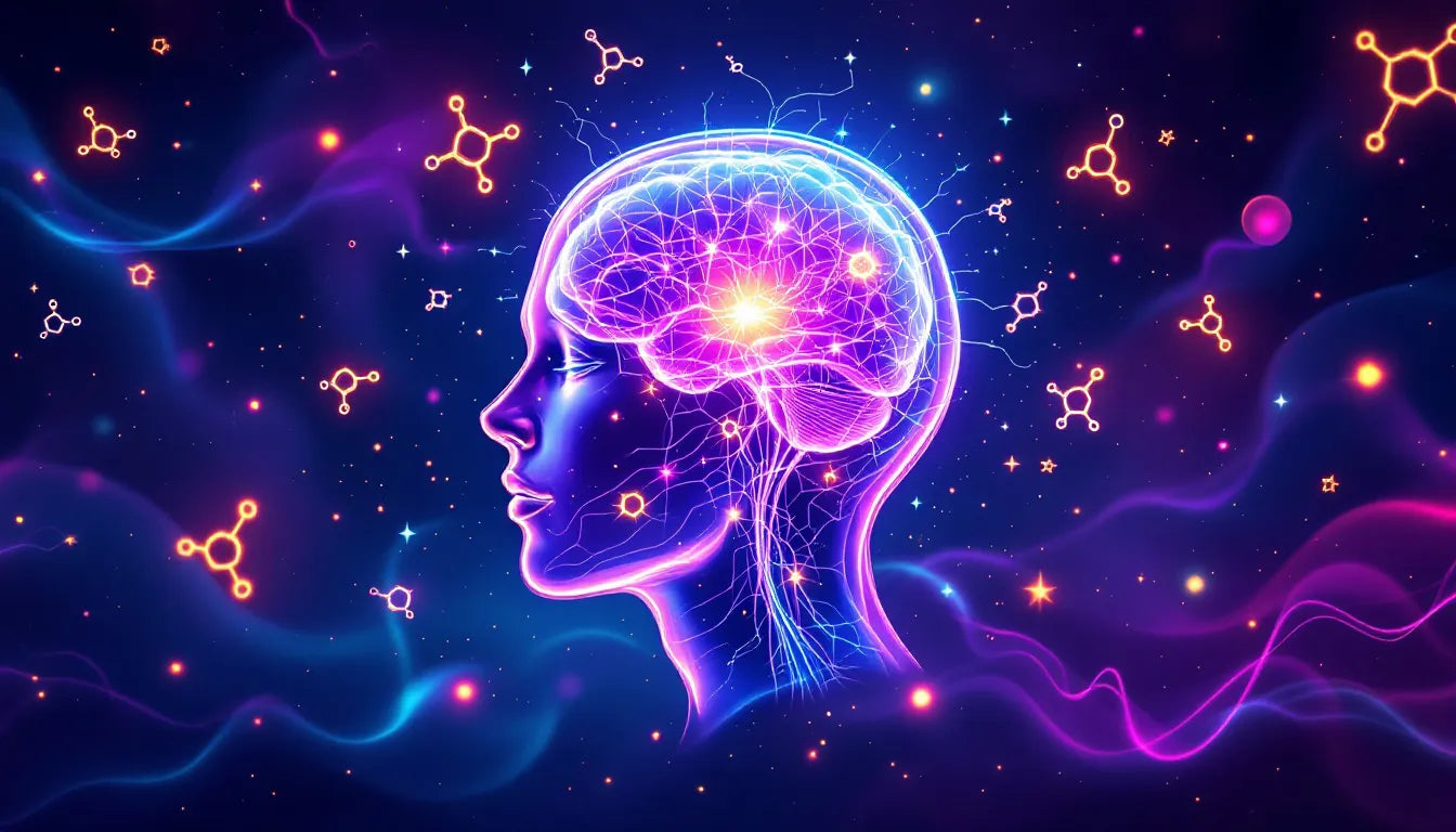 Futuristic neon brain illustration with psychedelic patterns representing stress relief research on non-hallucinogenic analogs.
