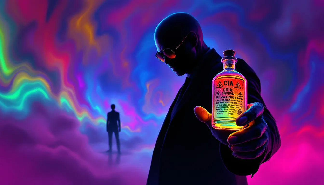 Psychedelic pop art illustration of a shadowy CIA agent holding a vial of LSD with a background depicting mind-altering effects and classified documents.