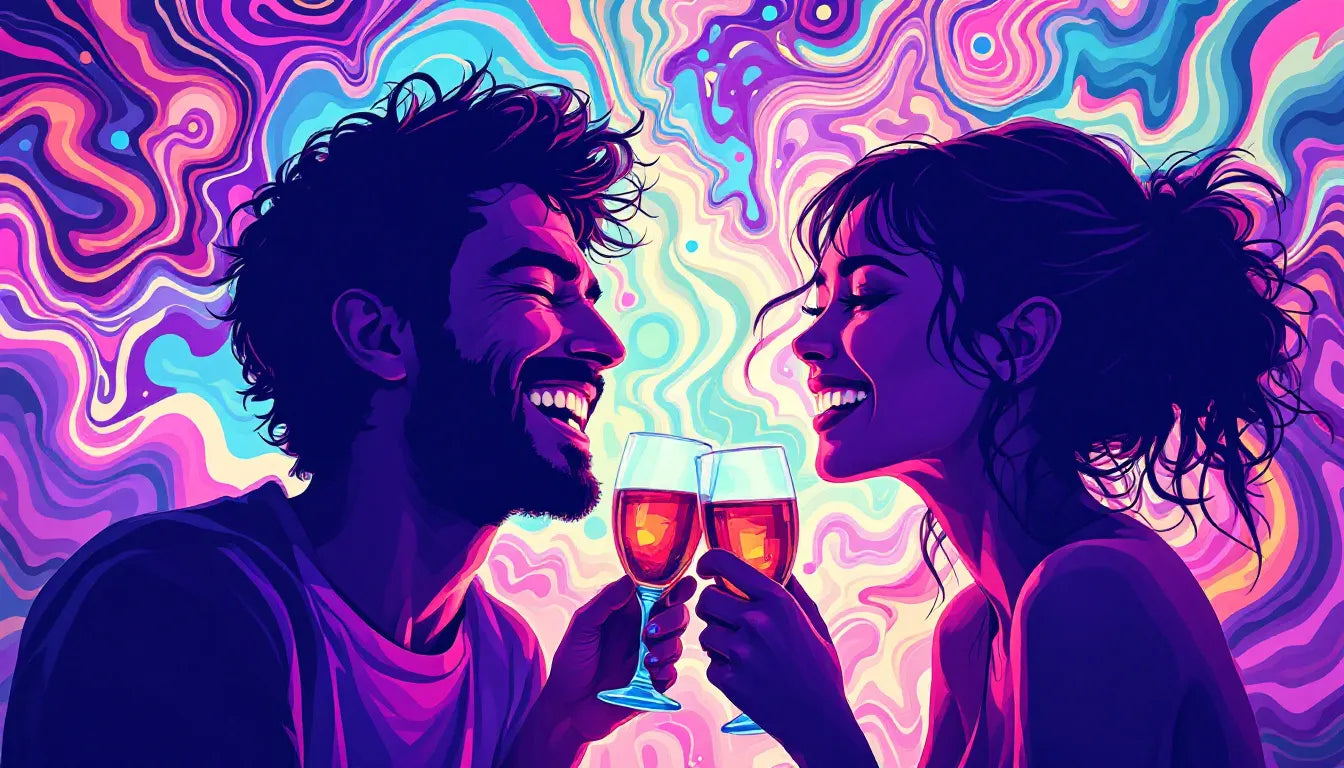 Psychedelic pop art of two people clinking glasses, expressing joy and confusion, symbolizing the effects of alcohol on social bonding.