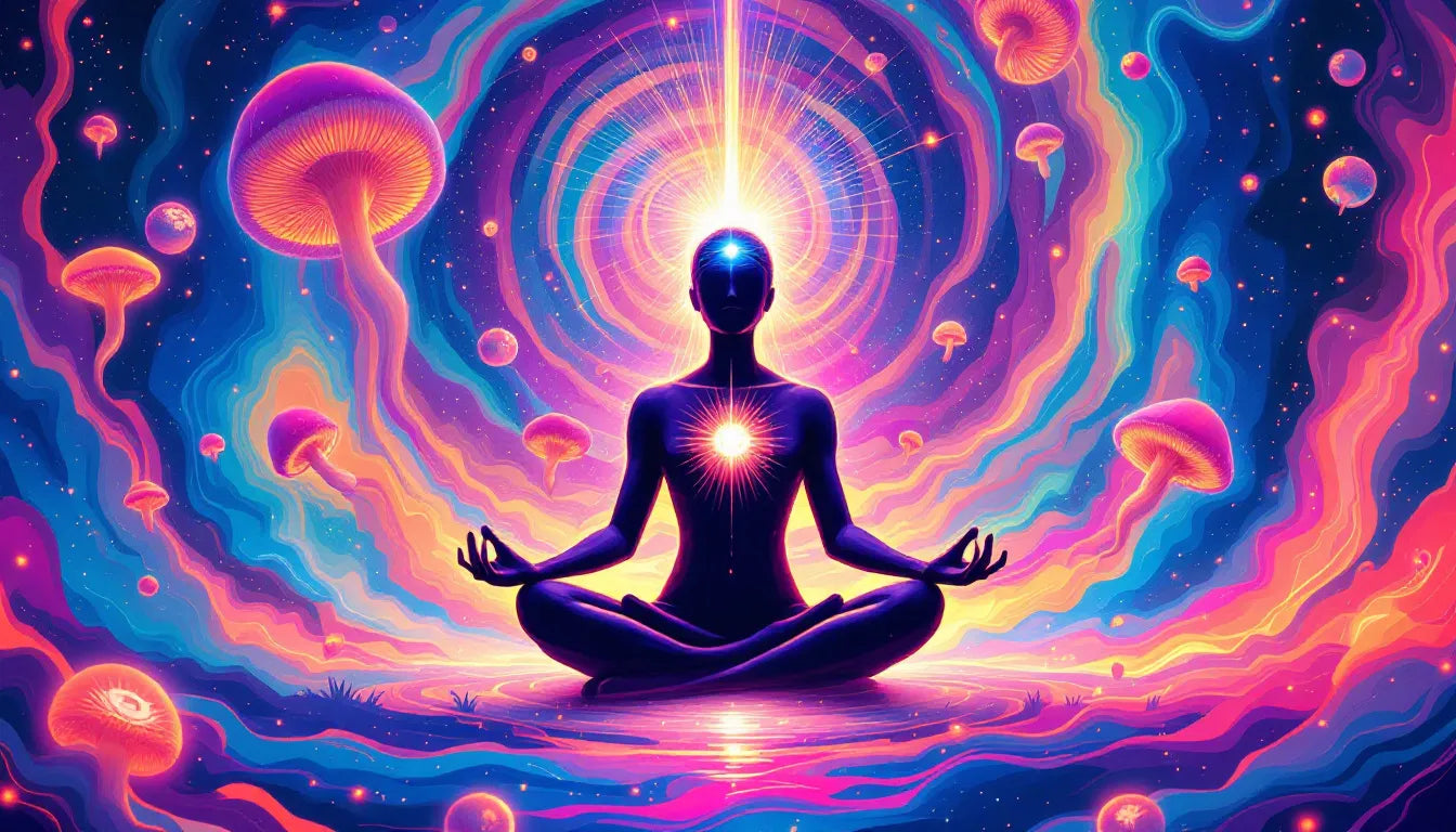 A trippy flat vector art of a meditating figure with a glowing third eye, surrounded by psychedelic colors, psilocybin mushrooms, and DMT symbols, representing deep mindfulness and psychedelic-enhanced meditation.