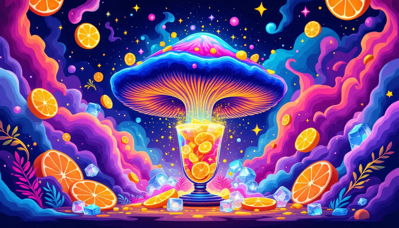 Psychedelic flat vector pop art of a colorful mushroom mocktail with citrus slices, ice cubes, and fizz, symbolizing refreshing and wellness-boosting functional drinks.