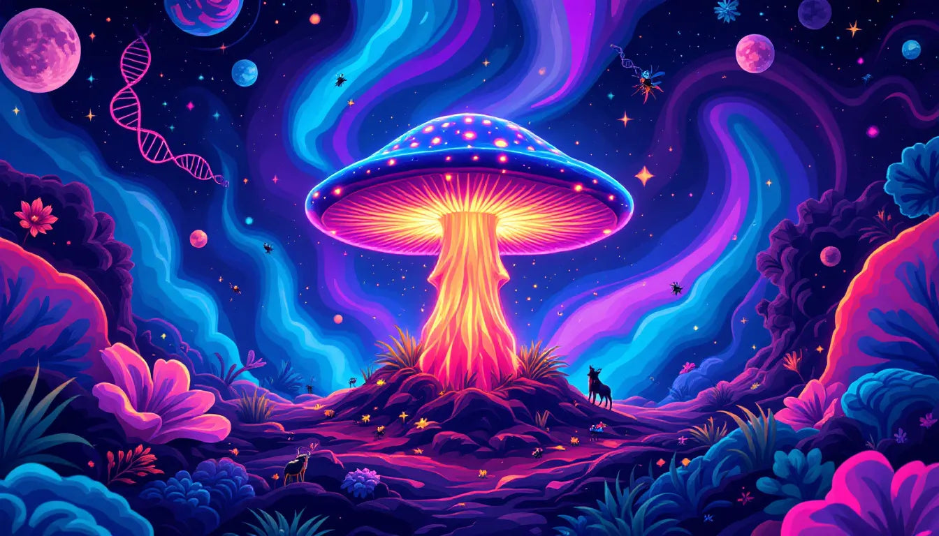 Psychedelic vector illustration of a glowing magic mushroom surrounded by DNA strands and cosmic elements, symbolizing the evolution of psilocybin.