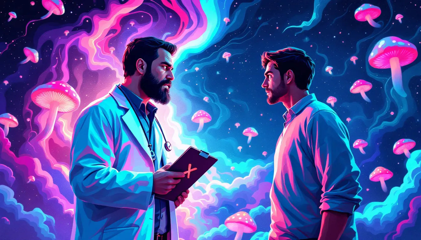 A psychedelic-themed artwork depicting a hesitant doctor blocking a patient's access to psychedelic therapy, symbolizing medical barriers to alternative mental health treatments.