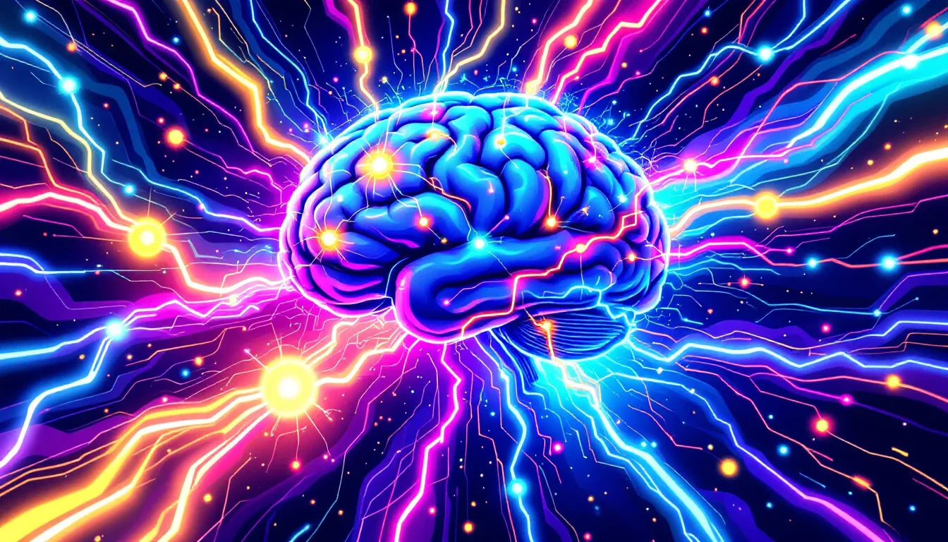 Psychedelic flat vector illustration of an electrified human brain with neuron connections glowing, surrounded by abstract chemical structures and swirling neon patterns, representing the cognitive and physiological effects of 3-MMC.
