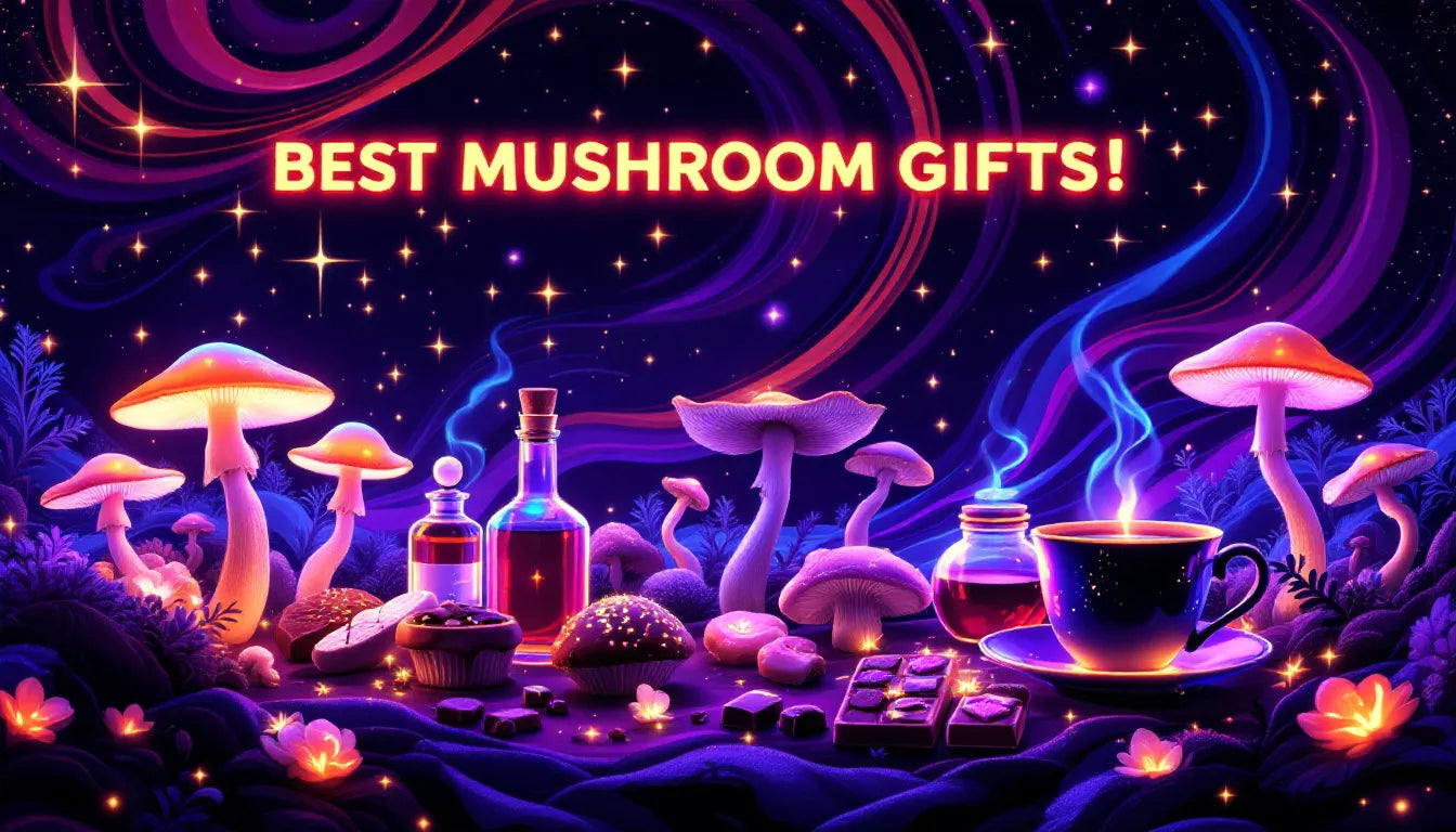 Psychedelic pop art illustration of functional mushroom gifts, including tinctures, grow kits, chocolates, and teas, set against a vibrant, trippy background.