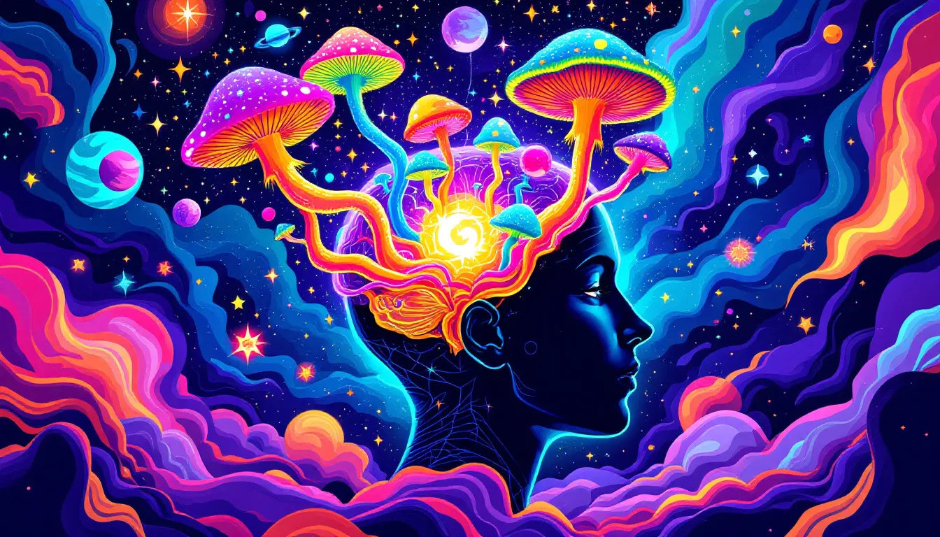 Vibrant psychedelic illustration featuring a glowing brain with mushrooms and neural patterns, representing the connection between personality traits and psychedelic therapy effectiveness.