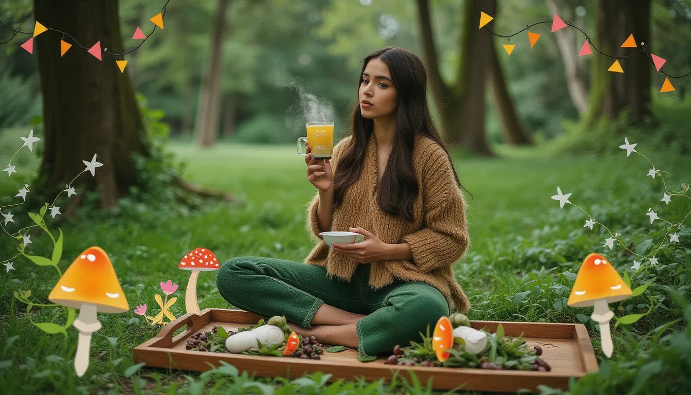 Whimsical forest forager holding a cup of Ivan Chai tea surrounded by Rosebay Willowherb and fantasy mushrooms – safe herbal tea concept