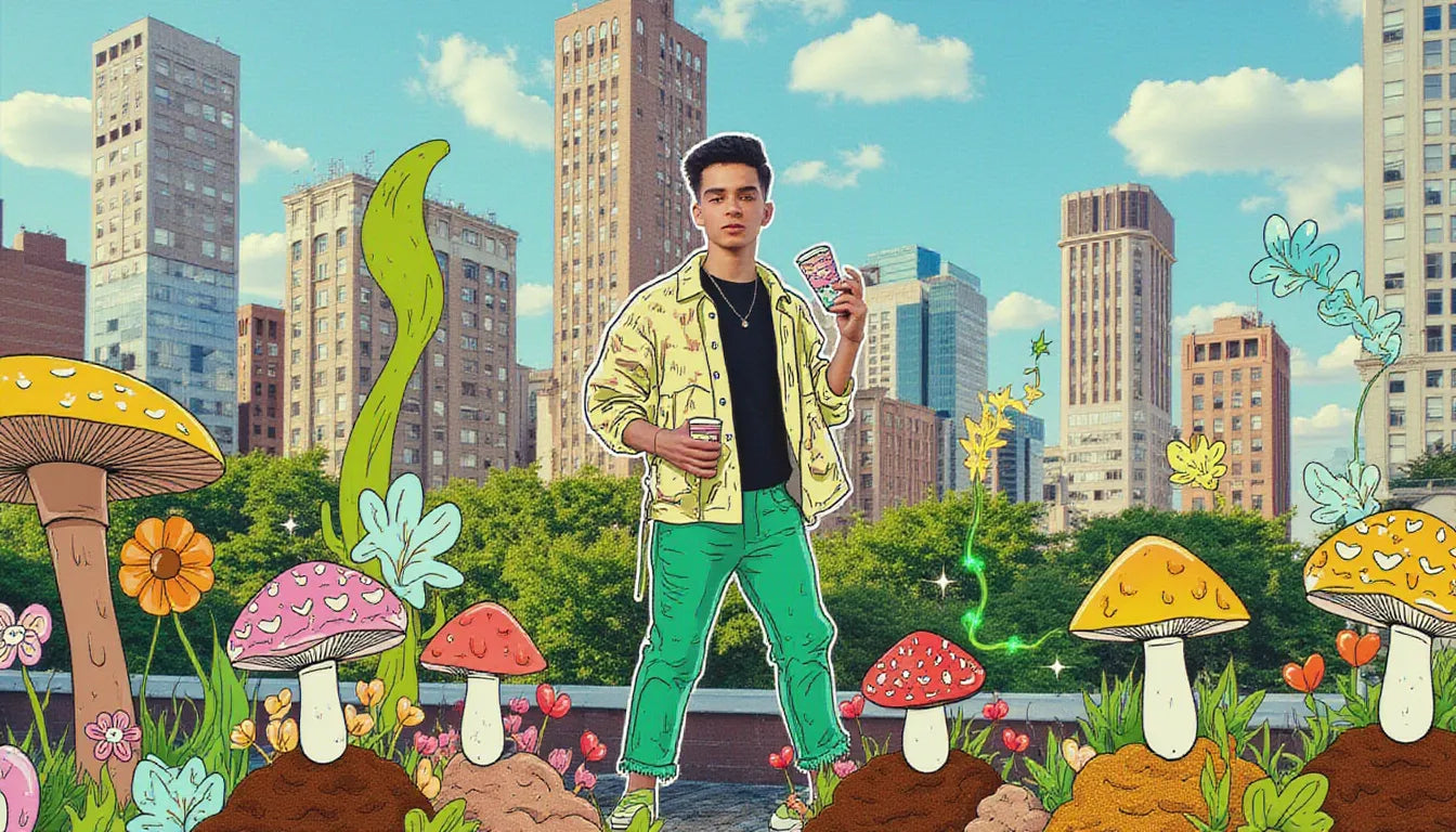 Young adult urban farmer on city rooftop holding oyster mushrooms and coffee grounds with fantasy mushrooms and sustainability-themed illustrations