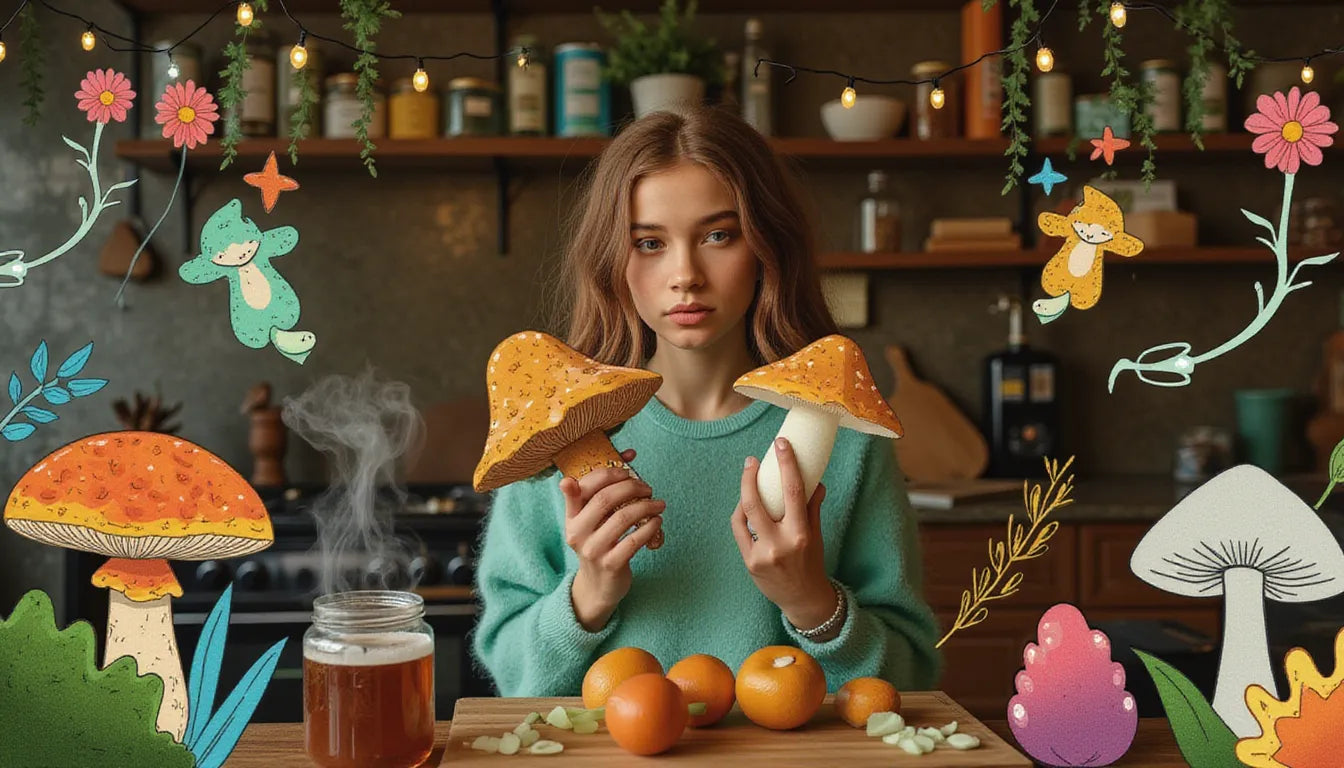 Young adult holding reishi and lion's mane mushroom tea with animated health benefits like neurons and immune cells, surrounded by fantasy mushrooms.