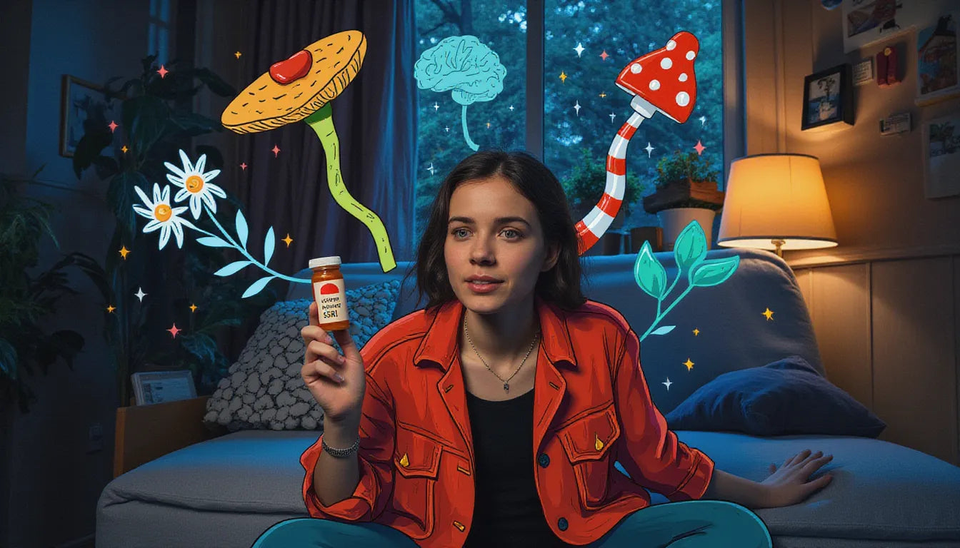 Person comparing psilocybin mushroom therapy with SSRIs in a cozy therapy setting, surrounded by brain scan visuals and fantasy mushrooms