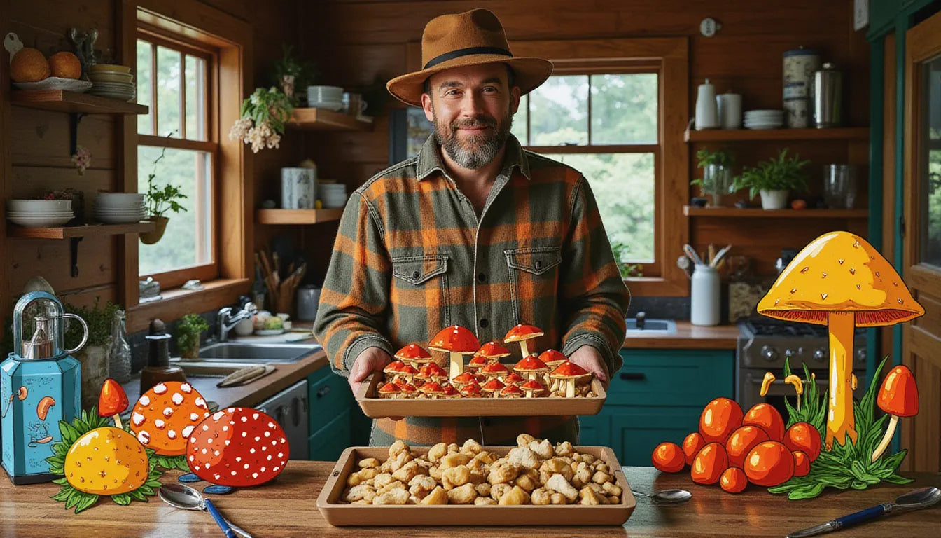 Person holding preserved mushrooms using pickling and drying methods in a rustic kitchen, symbolizing long-term mushroom preservation techniques like freezing, drying, and canning.