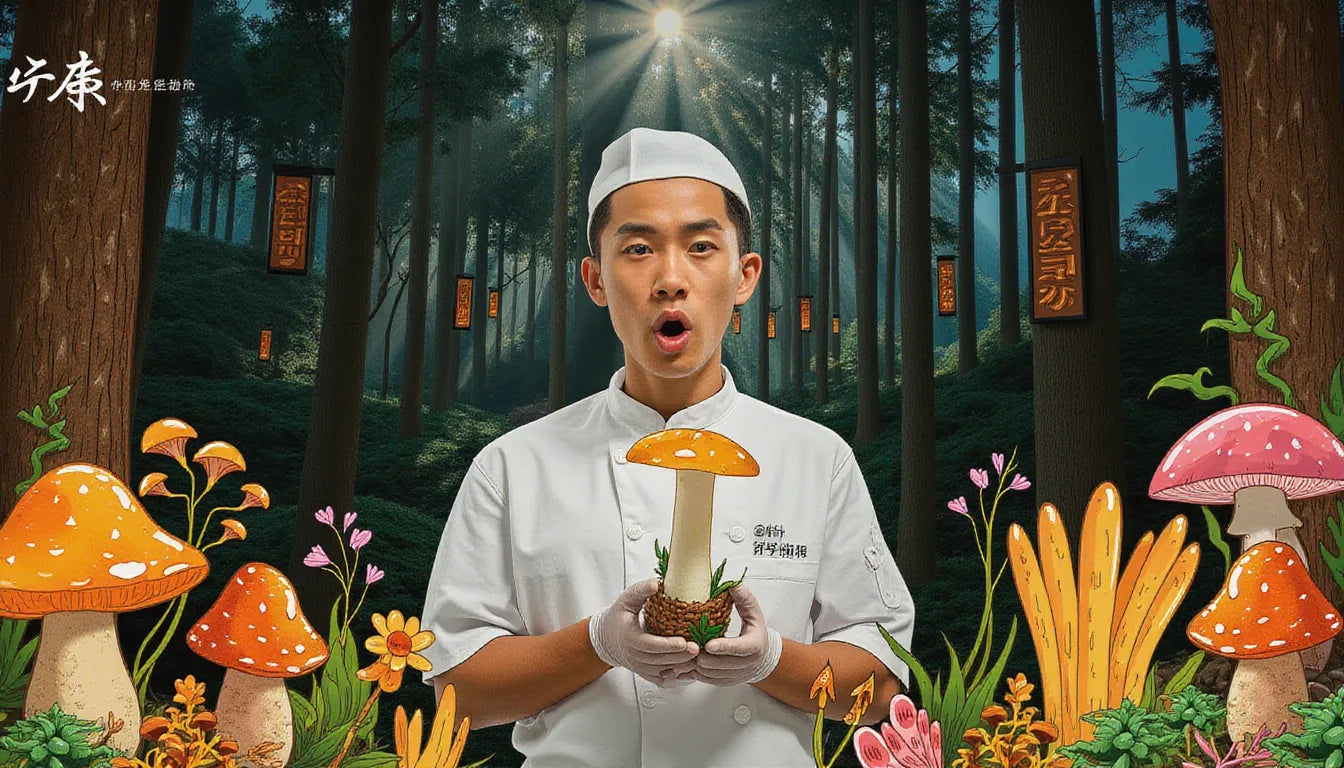 Luxury White Flower Shiitake mushroom held by gourmet in forest with oak logs, symbolizing $2,200 rare gourmet mushrooms and Japanese cultivation tradition