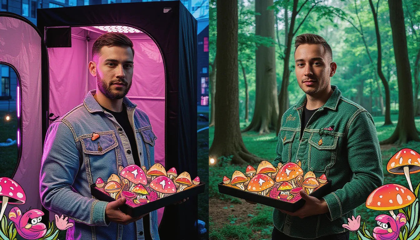 Indoor vs outdoor mushroom farming techniques compared: LED-lit indoor grow room vs outdoor log cultivation setup with Shiitake mushrooms