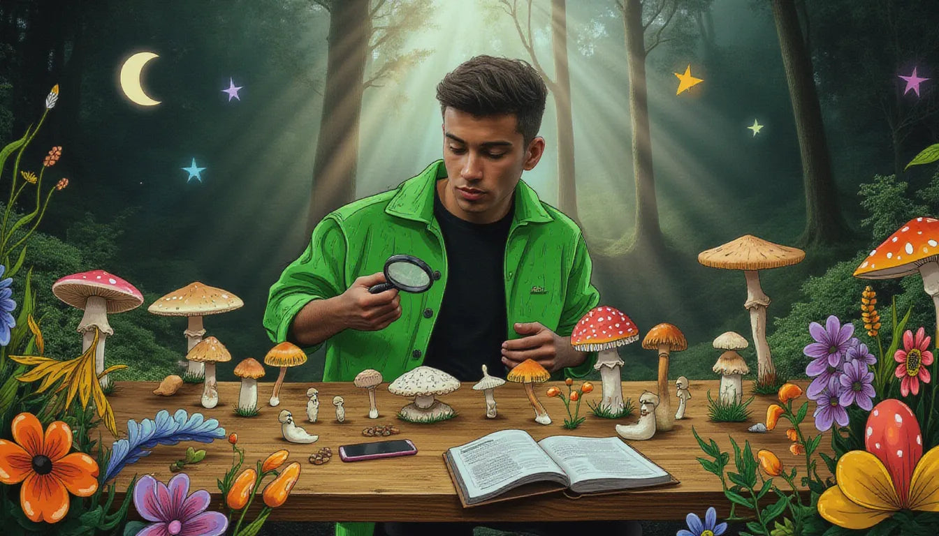 Curious person examining magic mushrooms in forest with psychedelic mushroom illustrations and psilocybin visuals