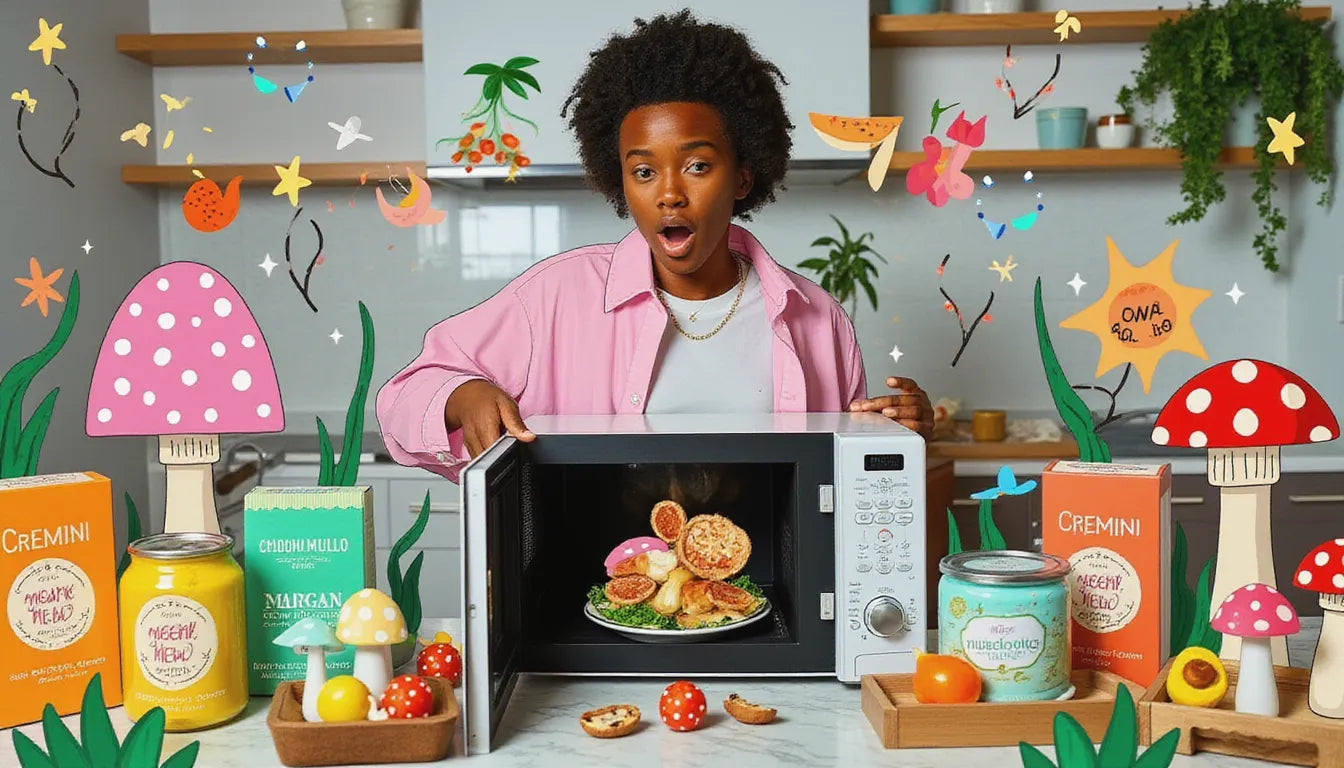 Surprised person with bowl of freshly microwaved mushrooms in kitchen, surrounded by colorful illustrated mushrooms and herbs