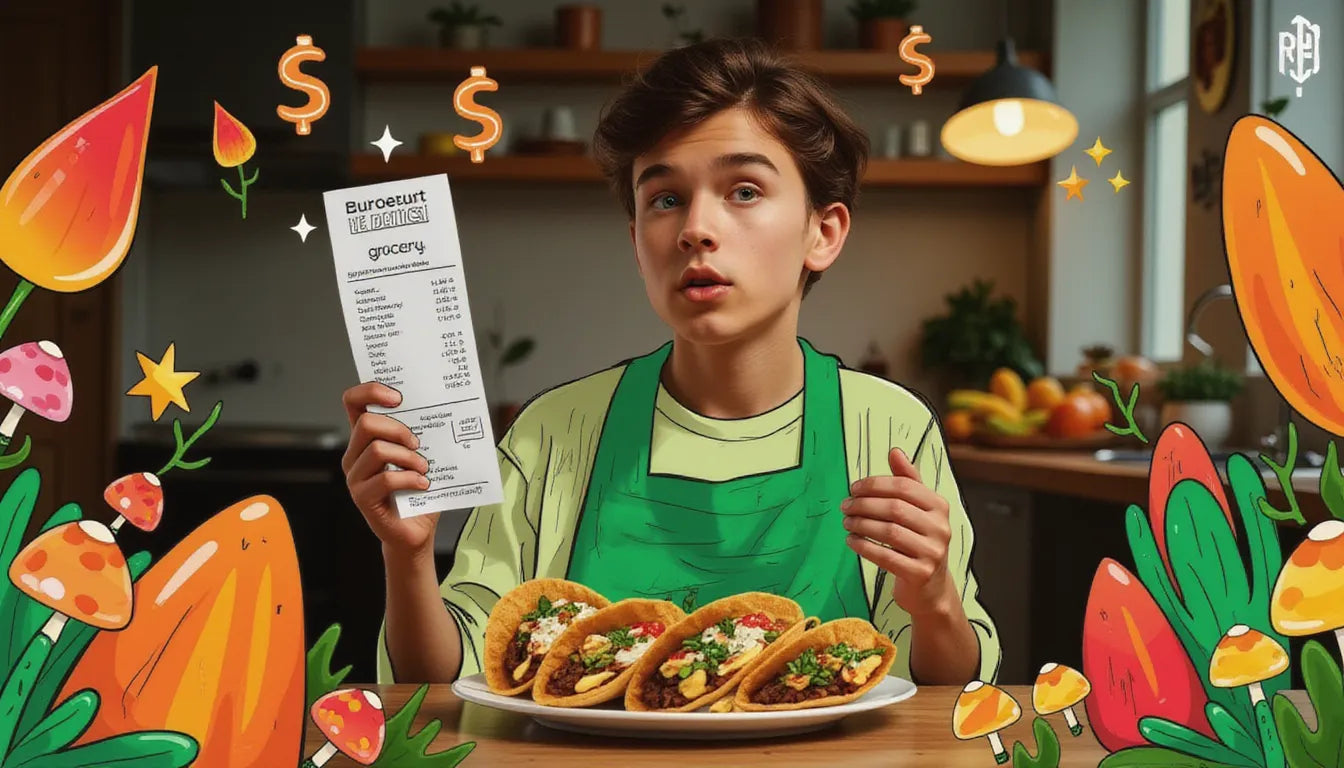 Surprised home cook holding empty wallet and mushroom stir-fry with floating grocery receipts, highlighting budget meals with mushrooms