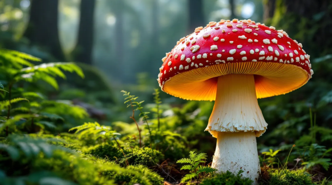 A striking Amanita muscaria mushroom with a red cap and white spots growing in a lush forest.