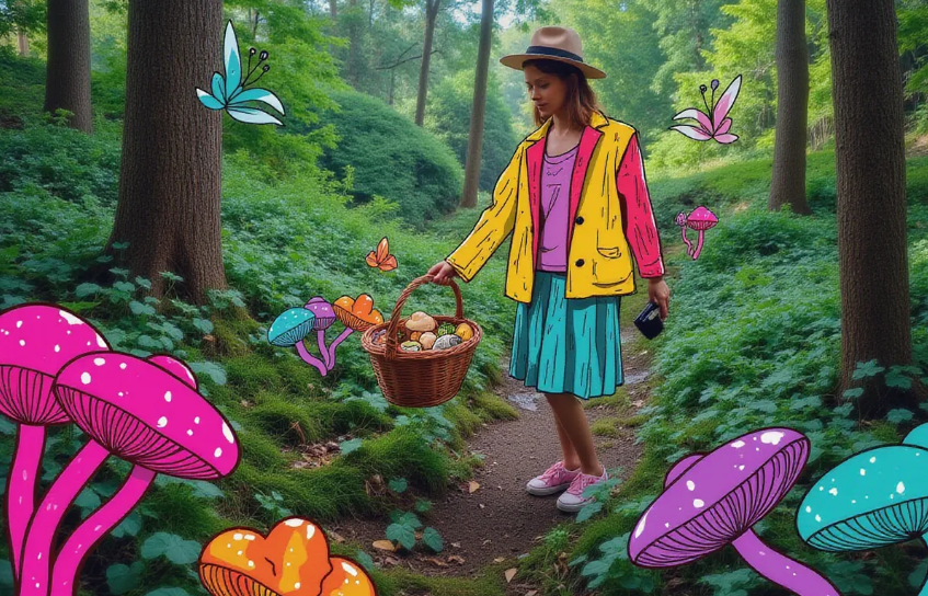 a person foraging for wild edible mushrooms in a lush forest with a basket of vibrant fungi