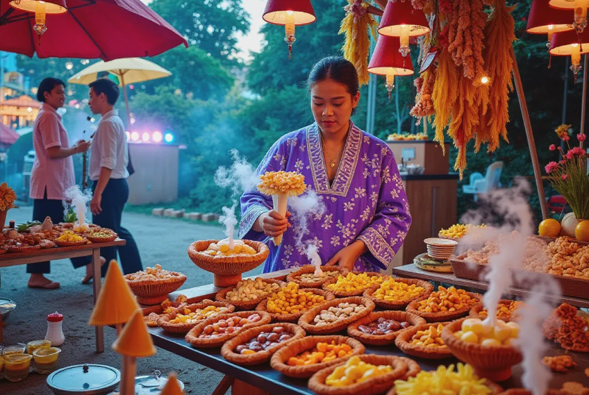 a vibrant market stall displaying an array of exotic mushrooms and steaming teapots, with a person in traditional attire pouring mushroom tea