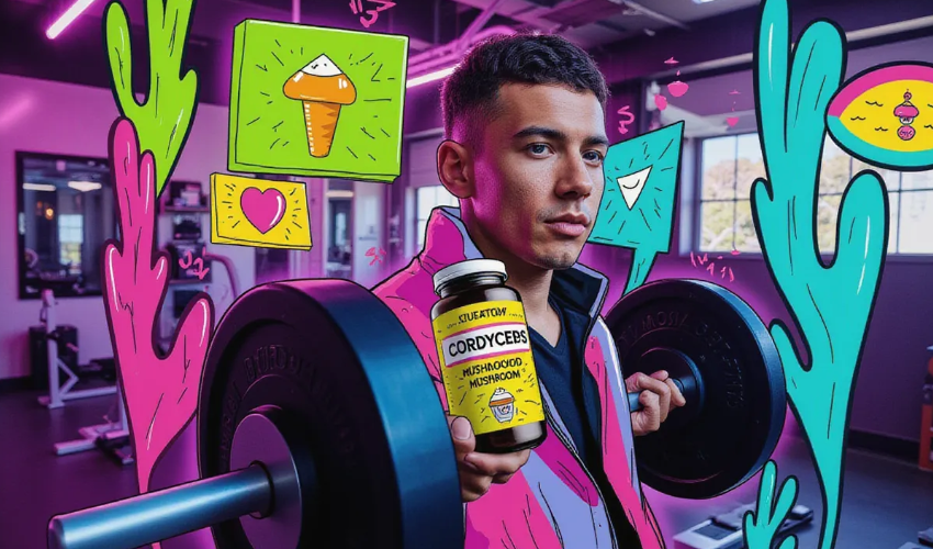 an athletic person lifting weights in a gym, holding a Cordyceps mushroom supplement bottle, with scientific charts and mushroom grow kits in the background