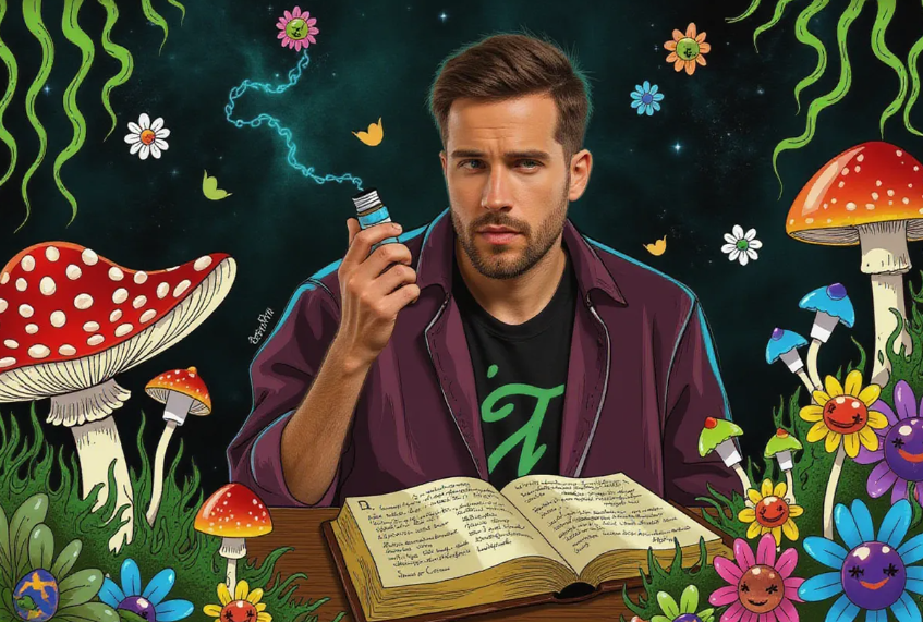 a cautious herbalist in a rustic apothecary setting examining a small vial of Changa DMT with a concerned expression